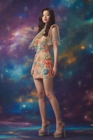 Kim Dahyun with spring Floral mini dress. Rhinestones embellished straps, Strap Platform High Heels. space background. posing daring. with her black long hair. full body, full legs