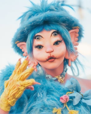 A whimsical close-up captures the vibrant features of a woman adorned in a bright blue fuzzy dress with decorative bows, paired with a matching blue bucket hat and sunshine-yellow gloves. Her striking blue hair, some strands styled in a playful tuft, adds to her charismatic persona. The crisp white background provides a clean canvas for this colorful subject's bold expression.