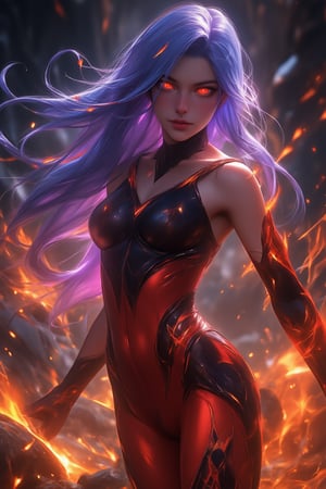 Super detailed, super realistic,full body shot,beastly,beautiful Nordic girl, purple-themed female character, long flowing light blue hair with a fiery glow, glowing red eyes, wearing a form-fitting red and black bodysuit with flame patterns, standing in a burning landscape surrounded by swirling embers and fire, radiant skin, fierce and passionate expression, full body, dynamic pose as flames swirl around her, life size, perfect anatomy, detailed skin texture, full HD, 4K, HDR, perfect anatomy, depth of field