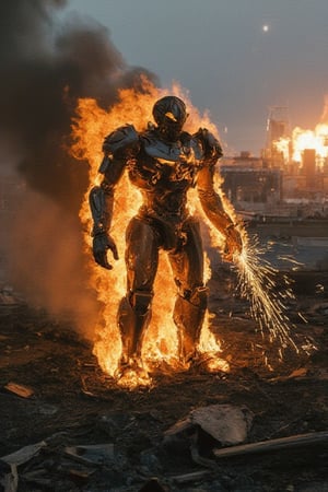 A burning robot stands amidst a smoldering war-torn landscape, flames engulfing its metal body as smoke billows around it. The robot's once-sharp edges are now distorted and charred, with sparks flying off its arm as it attempts to move. In the background, the ruins of a cityscape stretch out in disarray, while explosions illuminate the darkening sky.