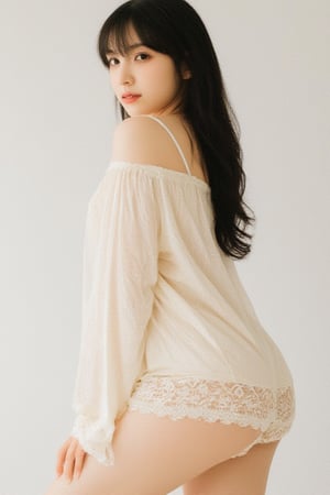 A soft-focused full-body portrait of a youthful woman clad in delicate lace pajamas, showcasing her slender figure. The creamy white fabric drapes elegantly across her body, with a subtle sheen catching the gentle morning light. Her porcelain skin glows softly, and her dark hair cascades down her back like a waterfall.