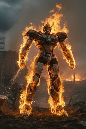 A burning robot stands amidst a smoldering war-torn landscape, flames engulfing its metal body as smoke billows around it. The robot's once-sharp edges are now distorted and charred, with sparks flying off its arm as it attempts to move. In the background, the ruins of a cityscape stretch out in disarray, while explosions illuminate the darkening sky.