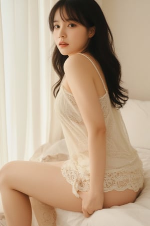 A soft-focused full-body portrait of a youthful woman clad in delicate lace pajamas, showcasing her slender figure. The creamy white fabric drapes elegantly across her body, with a subtle sheen catching the gentle morning light. Her porcelain skin glows softly, and her dark hair cascades down her back like a waterfall.