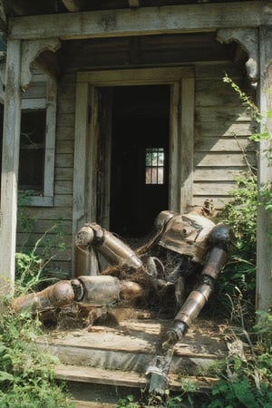 Overgrown weeds surround the crumbling facade of an ancient house, its wooden boards weathered to a moss-covered grey. A decrepit robot, once gleaming metal now rusted and worn, lies motionless on the creaky floorboards. Cobwebs cling to its mechanical limbs as dust motes dance in the faint sunlight filtering through shattered windows.