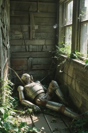 Overgrown weeds surround the crumbling facade of an ancient house, its wooden boards weathered to a moss-covered grey. A decrepit robot, once gleaming metal now rusted and worn, lies motionless on the creaky floorboards. Cobwebs cling to its mechanical limbs as dust motes dance in the faint sunlight filtering through shattered windows.