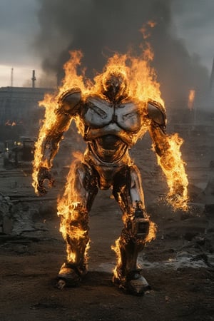 A burning robot stands amidst a smoldering war-torn landscape, flames engulfing its metal body as smoke billows around it. The robot's once-sharp edges are now distorted and charred, with sparks flying off its arm as it attempts to move. In the background, the ruins of a cityscape stretch out in disarray, while explosions illuminate the darkening sky.