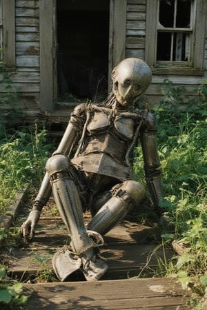 Overgrown weeds surround the crumbling facade of an ancient house, its wooden boards weathered to a moss-covered grey. A decrepit robot, once gleaming metal now rusted and worn, lies motionless on the creaky floorboards. Cobwebs cling to its mechanical limbs as dust motes dance in the faint sunlight filtering through shattered windows.