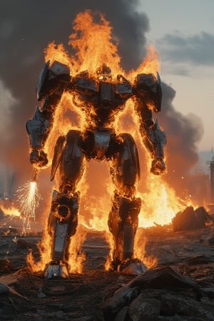 A burning robot stands amidst a smoldering war-torn landscape, flames engulfing its metal body as smoke billows around it. The robot's once-sharp edges are now distorted and charred, with sparks flying off its arm as it attempts to move. In the background, the ruins of a cityscape stretch out in disarray, while explosions illuminate the darkening sky.