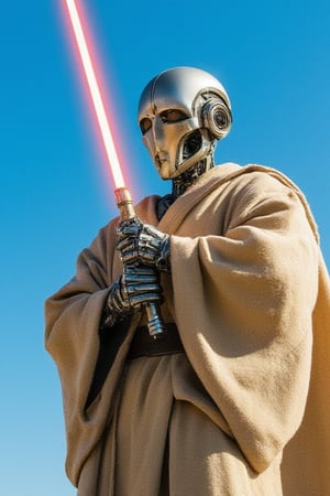 A robot stands heroically, clad in a worn Jedi robe and grasping a gleaming lightsaber. The midday sun casts a warm glow, illuminating the metallic sheen of its body as it holds the blade aloft, ready to defend against an incoming attack. Framed against a bright blue sky, the robot's pose exudes strength and determination.