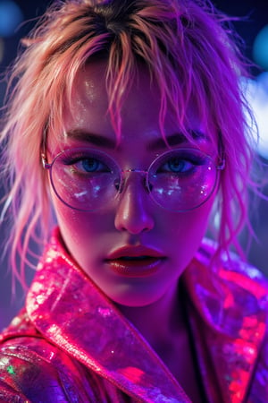 Close-up photo of a woman wearing glasses, blonde hair mixed with bright neon purple styled in a futuristic style. He wore a bright purple tech jacket with bright neon highlights that seemed to radiate energy. The cyberpunk atmosphere is palpable as he stares directly into the camera lens, his eyes shining with an air of mystery and rebellion.