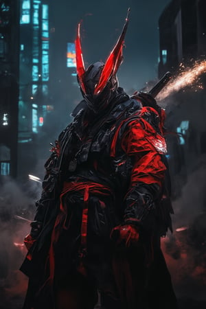 In a neon-lit city alley at night, smog and fog hung thick as Exmechapolyhan83 stood tall, his cybernetic mask featuring red menhala horns covering his face. He wore a modern black to reddish colored samurai robe, exuding a modern atmosphere. In one hand, he held a large, high-tech katana emitting energy and spark effects, its blade humming with energy. The city's towering skyscrapers loom in the background, their LED lights pulsing with an otherworldly glow.