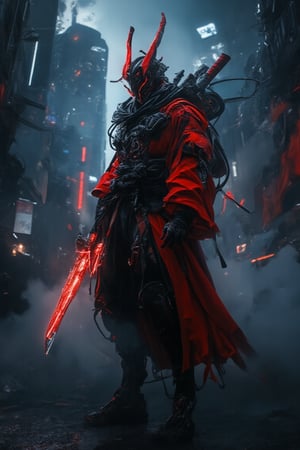 In a neon-lit city alley at night, smog and fog hung thick as Exmechapolyhan83 stood tall, his cybernetic mask featuring red horns covering his face. He wore a modern red colored samurai robe, exuding a modern atmosphere. In one hand, he held a large, high-tech katana emitting energy and spark effects, its blade humming with energy. The city's towering skyscrapers loom in the background, their LED lights pulsing with an otherworldly glow.