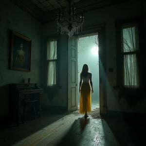 A tense and eerie scene of a woman cautiously stepping into an old, decrepit haunted house. She wears a white top and a flowing yellow skirt, her outfit standing out against the dark, crumbling surroundings. The wooden floors creak under her feet, and thick cobwebs hang from the broken, dusty chandeliers. Faint moonlight filters through cracked, boarded-up windows, casting long, ominous shadows on the walls. The house is filled with an unsettling silence, broken only by the occasional sound of wind rattling through the decaying structure. Her eyes are wide with both fear and curiosity as she moves through the grand yet eerie entrance hall, where old portraits hang crookedly on the peeling walls. Her posture shows hesitation, yet a determination to uncover the mysteries hidden within this ghostly, forgotten place. The atmosphere is thick with the presence of the unknown, as if the house itself is watching her every move.