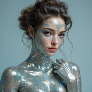 Create an ultra-realistic 8k image of a 24-year-old woman whose entire body is made up of shimmering fish epidermis. Her body is covered from head to toe in intricately detailed, overlapping fish scales, with each scale reflecting iridescent hues of silver, blue, green, and gold. The scales vary in size and texture, creating a flowing, organic pattern that moves seamlessly with the curves of her body. Her face, arms, and legs are fully adorned with the smooth, reflective fish epidermis, catching and refracting light with every movement, giving her an ethereal glow.
The scales glisten in the light, with subtle variations in color as they shift between light and shadow. Her eyes, still human, contrast strikingly against the sleek, aquatic texture of her skin, creating a surreal and mesmerizing effect. The environment around her is soft and illuminated, enhancing the tactile and reflective qualities of her fish-like body, making her appear both otherworldly and grounded in a hyper-realistic setting."