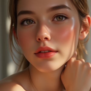 Create a hyper-realistic 8k image of a 24-year-old woman with skin that is intricately detailed to resemble the real human epidermis. The texture of her skin is lifelike, with visible pores, subtle variations in tone, and the natural sheen of healthy skin. Fine details such as the softness of her cheeks, the delicate folds around her joints, and the texture of her lips are all rendered with stunning accuracy. Light plays across the surface of her skin, highlighting the fine lines and subtle imperfections that make it feel alive. Her expression is serene, and her glowing skin interacts with the natural lighting, casting gentle shadows that enhance the realism. The overall effect is an incredibly detailed, high-resolution image that captures the essence of human skin, down to the finest layers of the epidermis."