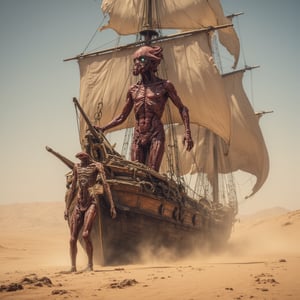 Imagine a captain cursed with an octopus head, his tentacles writhing in the dry air, while his body, once human, is now a grotesque mix of skeleton and torn flesh. He wanders, lost in an endless ocean of sand, far from the seas he once commanded. His ship, a haunting wreck, creaks as it sails over dunes, its decaying wood held together by sheer will. The captain's hollow eyes glow faintly beneath the sun, filled with bitterness and sorrow as he drifts through the sandy wasteland. His skeletal limbs, with torn flesh hanging loosely, move as though driven by an ancient, unrelenting curse. The captain, bound to the endless desert, searches for the lost ocean that abandoned him, while the wind carries whispers of his doomed fate, swirling through the barren, desolate landscape.