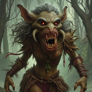 **Character Description: Zethra the Fangborne**

Zethra is a creature of nightmares, a fusion of bestial and human traits bound by an ancient curse. Standing nearly seven feet tall with a powerful, sinewy frame, Zethra has skin that appears scaly in certain light, tinged a dusky, earthy green. Her face is humanoid but fiercely primal, with sharply angled cheekbones and gleaming amber eyes that hold an unsettling intelligence.

The most striking feature is her mouth—a wide, ghastly maw lined with multiple rows of serrated, obsidian-black teeth, layered like a shark's. When Zethra speaks or smiles (a rare, dreadful occurrence), each razor-sharp tooth glints, creating an intimidating, jagged grin that stretches impossibly wide. Her teeth are her pride and her weapon, capable of tearing through armor and enchanted barriers alike.

Thick, coarse hair falls in wild tangles around her shoulders, adding to her feral appearance. Her hands and feet are clawed, each digit tipped with a talon sharp enough to carve stone. She wears minimal, rugged clothing crafted from enchanted leather, often adorned with bones and talismans she’s collected from fallen foes.

Despite her monstrous visage, Zethra moves with the grace and purpose of a skilled predator, and her voice—low and resonant—holds a hypnotic, eerie allure. She’s deeply attuned to nature, often speaking to creatures and spirits in the ancient tongue, seeking to protect the lands from a dark prophecy in which she is both savior and destroyer.