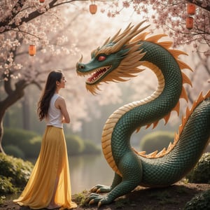 A mesmerizing scene of a woman engaged in conversation with a majestic Chinese dragon. The woman, wearing a stylish white top and a flowing yellow skirt, stands gracefully beside the long, serpentine dragon, which features vibrant scales in shades of emerald green and gold, adorned with intricate patterns. The dragon's eyes glimmer with wisdom and kindness as it leans closer to listen to her words. They are situated in a tranquil garden filled with blossoming cherry trees, delicate lanterns hanging from branches, and a serene pond reflecting the beauty around them. The atmosphere is imbued with magic and harmony, with soft rays of sunlight filtering through the foliage, enhancing the enchanting bond between the woman and the mythical creature. This moment captures the essence of connection and understanding between two beings from different realms, celebrating the beauty of Chinese mythology.