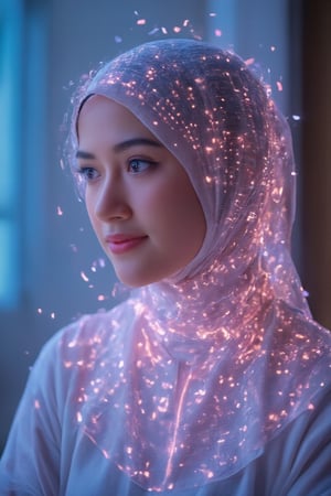 A close-up portrait of a woman adelliahalim with neon glow hijab in shades of teal, purple, and pink. The white hijab emits a vibrant, electric glow, giving off radiant, luminescent effects, especially around the edges of each strand. The neon colors pulsate gently, creating an otherworldly and futuristic look. Her blue eyes stand out even more against the glowing backdrop, with soft lighting adding depth to the scene. The white outfit contrasts beautifully with the radiant neon hair, while the cool blue background enhances the futuristic, cyberpunk aesthetic of the overall image,Neon Glow,Wireframe,Neon Wireframe,Holographic Network,Futuristic Avatar,Hologram,Cyberpunk,Futuristic technology,Neon lighting,Virtual Interface,Glowing effects,High-tech interface, digital glow,digital projection,Augmented reality, Magicallights, divinelights