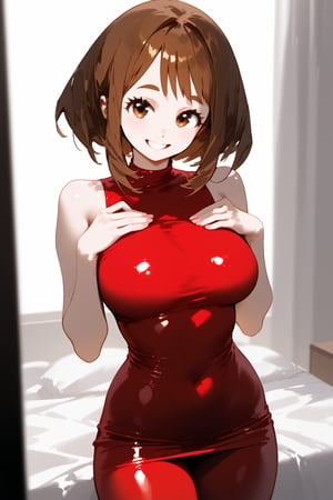 Beautiful girl, ochako uraraka, short hair, brunette, red tight dress, smile  