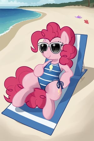 pinkie_pie, relaxing, beach, swimsuit, sunglasses