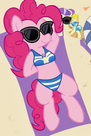 pinkie_pie, relaxing, beach, swimsuit, sunglasses