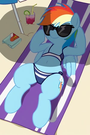 rainbow_dash, relaxing, beach, swimsuit, black_sunglasses