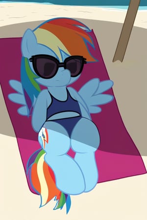 rainbow dash, relaxing, beach, swimsuit, sunglasses