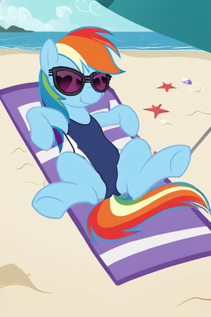 rainbow dash, relaxing, beach, swimsuit, sunglasses