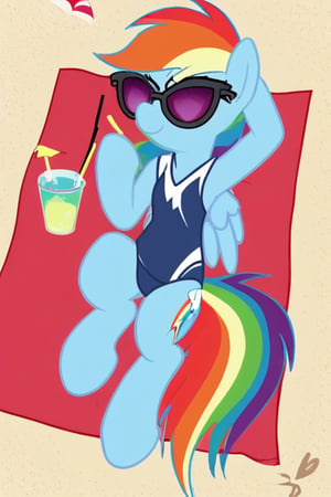 rainbow_dash, relaxing, beach, swimsuit, black_sunglasses