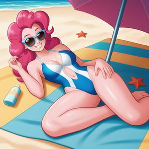 A vibrant image of Pinkie Pie relaxing on a sandy beach, wearing a colorful swimsuit and stylish sunglasses. The scene is framed with the ocean in the background, capturing the warm sunlight and gentle waves. Pinkie Pie is lying on a beach towel, her pose relaxed with a playful smile, surrounded by scattered seashells and a light, summery atmosphere.