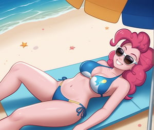 pinkie_pie, relaxing, beach, swimsuit, sunglasses