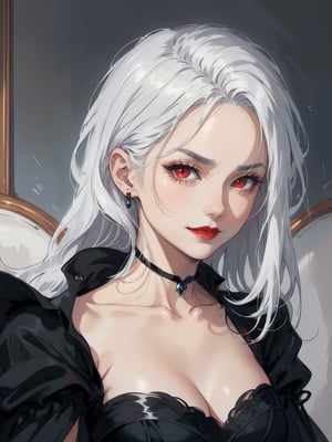 Prompt: serious face, mature lady, red eyes, red lips, calm smile, gothic black dress, shiny long white hair, black choker