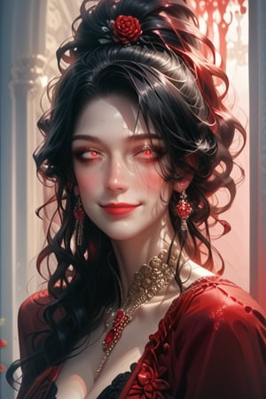  1 girl, Beautiful and elegant, crimson red eyes, smooth face, slim face, European face, long hair, curly hair, black hair, Wearing a party gown, Mature Woman, Age 25, Cruel smile, Calm, voluptuous figure, Pale complexion, looking to the viewer, full head, figure visible up to the waist, red eyes