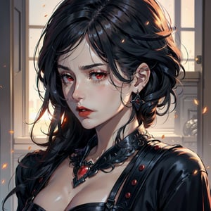 Prompt: serious face, mature lady, red eyes, red lips, long black hair