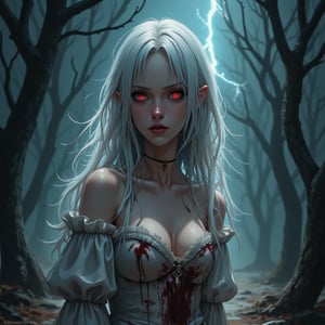 
Here's a spooky Halloween Flux Image Prompt: A young woman with fair skin and striking red eyes wears a tattered and worn-out Victorian-era style wedding dress with bloodstains and torn lace, as if she's been through a horror. Her long white hair is now wild and disheveled,  she has red eyes, cruel smile. A few strands of her white hair shine like the moon, adding background is a dark stormy night with lightning illuminating the dark clouds, and the fear is visible in the messy strands that frame her face.  Her eyes still have that captivating gaze, but now they seem to hold a hint of malevolence. The blowing through the trees, making the branches creak and sway ominously. The overall atmosphere is one of foreboding and terror.