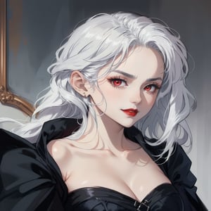 Prompt: serious face, mature lady, red eyes, red lips, calm smile, gothic black dress, long white hair