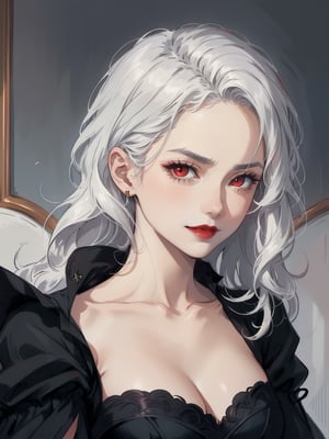 Prompt: serious face, mature lady, red eyes, red lips, calm smile, gothic black dress, wavy long white hair