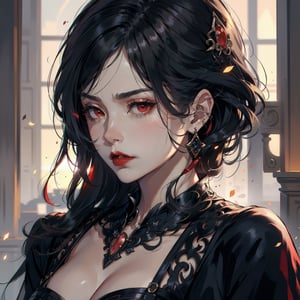 Prompt: serious face, mature lady, red eyes, red lips, long black hair