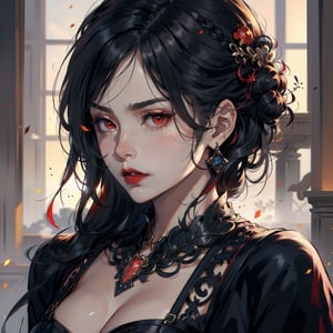 Prompt: serious face, mature lady, red eyes, red lips, long black hair in back bun