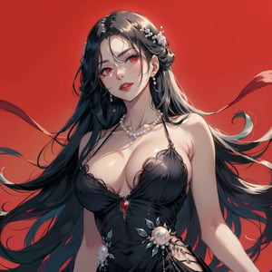 Prompt: serious face, black gown, mature lady, red eyes, red lips, calm smile, pearl necklace