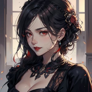 Prompt: serious face, mature lady, red eyes, red lips, calm smile, smug expression, hair bun