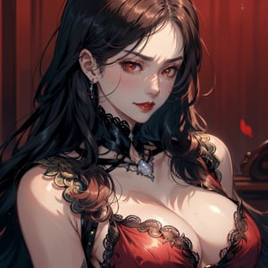 Prompt: serious face, mature lady, red eyes, red lips, calm smile, pearl necklace