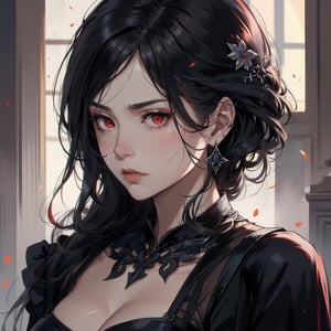 Prompt: serious face, mature lady, red eyes, long black hair