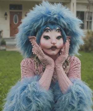 a woman, full body, big blue fuzzy hat, big blue fluffy dress, sitting down, hand over her mouth, background is greenery and a house