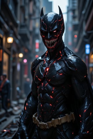 A dynamic Long shot of a Batman hybrid half Venom with opening chest skeltal ribs, eyes and glowing fire inside body, crimson ligments intricate rendering details.longer coiled tounge through the streets, The character is half-transformation, with half of his face showing Batman's cowl and the other half Venom's symbiote. The lighting is dramatic, casting deep shadows and highlighting the contrast between the two forms. The composition is centered, focusing on the intense, berserkers screaming conflicted expression. The background is a chaotic, dark alleyway, blending the urban Gotham with the alien symbiote's origin, intricate rendering details.
