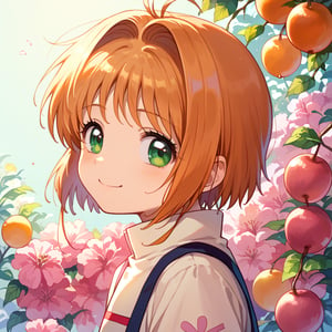 score_9,score_8_up,score_7_up,source_anime,Kinomoto_Sakura, sakura,sakura,preteen girl.perfect face,upper body,coleus, apricot,smile.masterpiece,bestquality,high resolution,8k,side shot,looking viewer