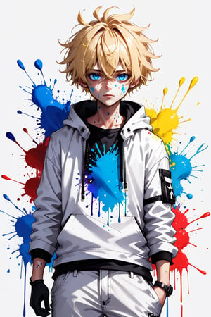 detailed anime, year 2022, 1boy, toned_male, man, Expressiveh, plain white background, looking at the viewer, viewed from below, messy blonde hair, blue eyes, holding paint brush, small paint splatter on face, paint splatter on shirt, black t-shirt, plain white pants, (white jacket wrapped around waist), squatting, ankles, white sneakers,concept art,dark theme