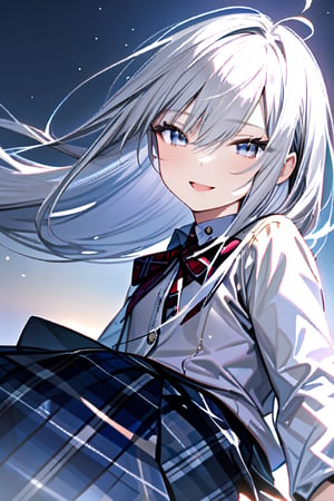 ((masterpiece)), 
((best quality)),
((ultra detailed)),
((very high resolution)),
((32k)),

((long hair)), (silver eyes), (silver hair), ahoge, seamed, bangs, hair between eyes, 

((smile)),

floating hair, 
((navy skirt in plaid skirt)),((long sleeve)),
((school uniform)),((collared shirt)),
((bow)),((Ribbon)),
((from side)),((From below)),
((wariza)),((open mouth)),
((head tilt)),