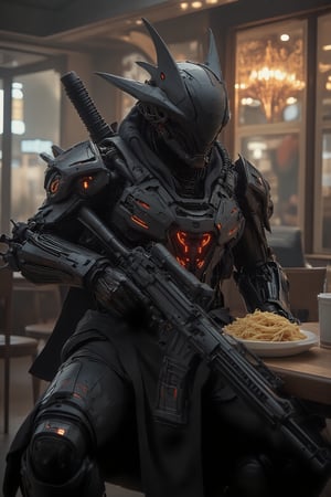 a mecha neon black robot with anubis helm style with wearing a futuristic crowm, repredentating a earrior using a rifle .cowboy shot,((Afternoon Cafe:1.3)),((Sit on a chair)),((Eating pasta)),